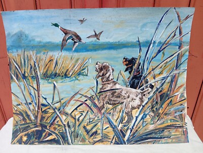 Gouache Envol Enten Mit Grünem Halsband Und Jagdhunde In Den Sümpfen