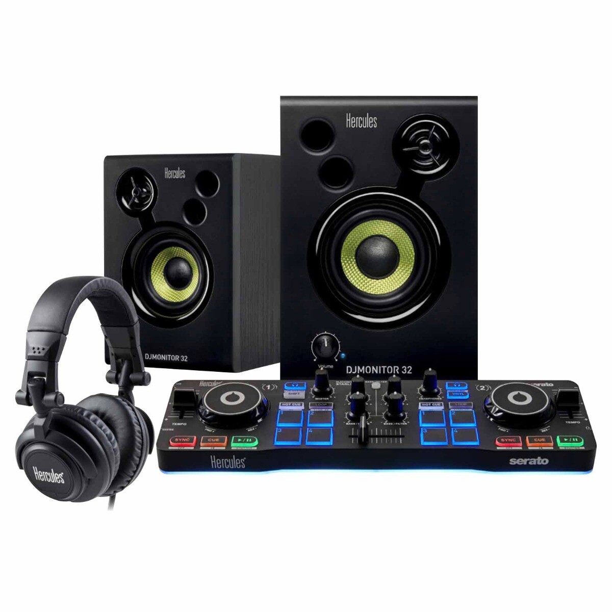Комплект Hercules DJ Starter Kit Bundle с 2-х дековым контроллером динамиками и наушниками 26290₽