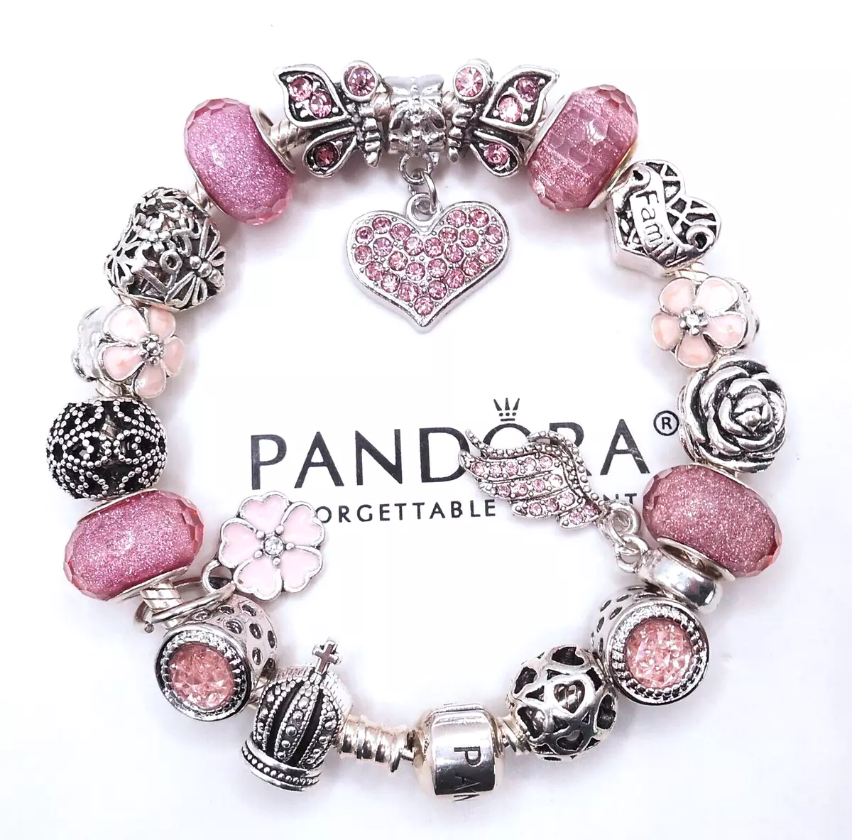 At bygge Blossom industri PANDORA SILVER CHARM BRACELET WITH PINK LOVE EUROPEAN CHARMS &amp; BOX! |  eBay