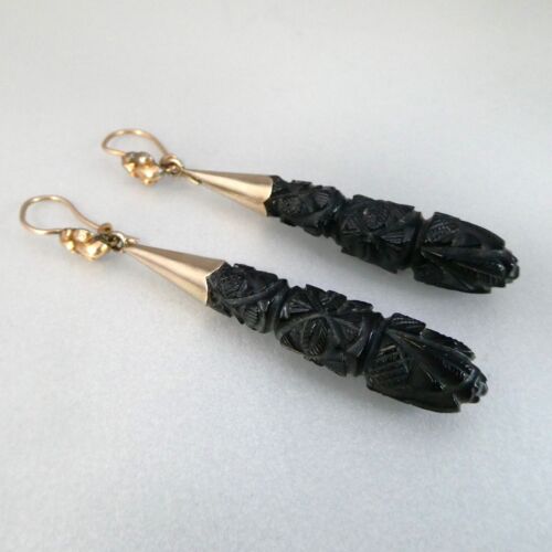 Hermosos PENDIENTES Pendeloque WHITBY JET tallados de la época victoriana C1880 - Imagen 3 de 8