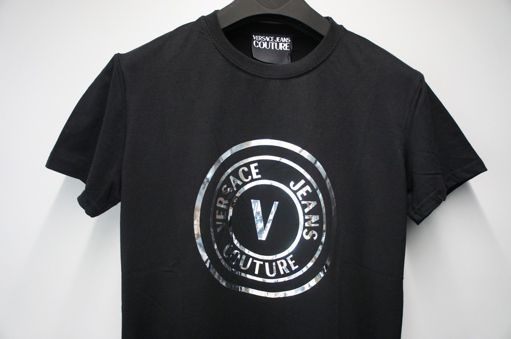 Large Size - Original VERSACE JEANS COUTURE SILVER V-LOGO BLACK MEN T-SHIRT