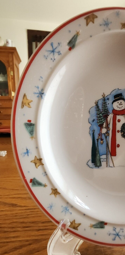 Snowman Bread & Butter Dessert Plates (pair) 6" Stoneware Wreath White Blue ! - Picture 6 of 15