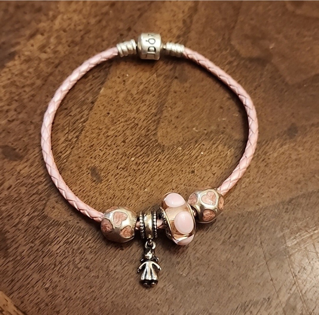 Authentuc Pandora pink silver leather charm bracelet