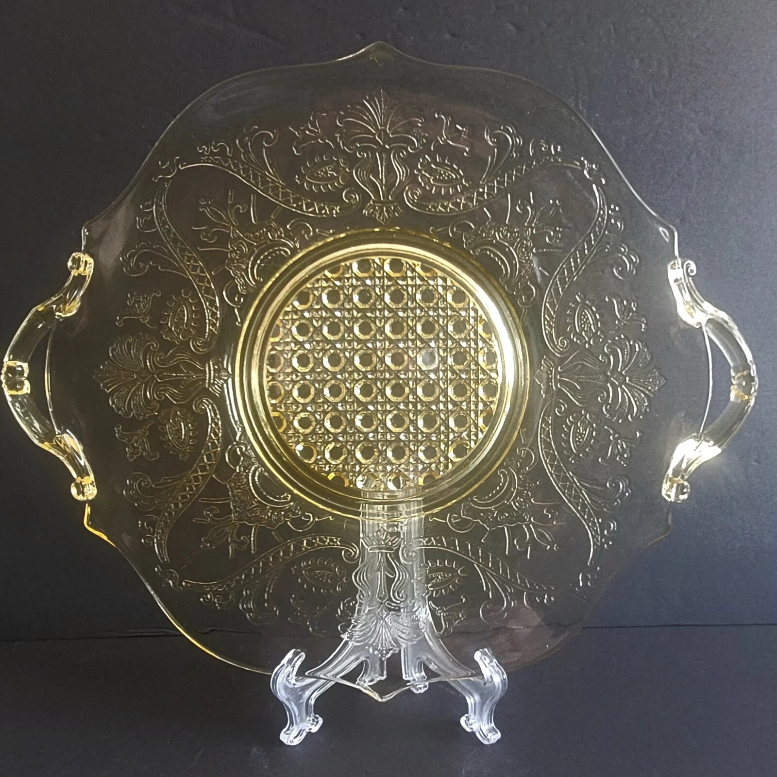 Lancaster Landrum Topaz Yellow Depression Glass 11" Sandwich Plate Platter 1930s