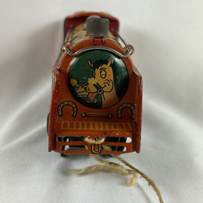 Cowboy Line Train Engine Vintage Pull Along Toy Tin Cowboys