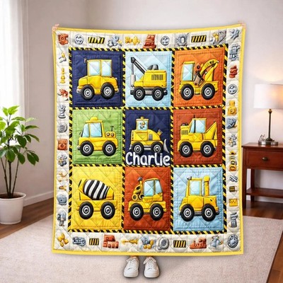 Custom Construction Vehicles Quilted Blanket Truck Theme Cozy Throw Boy Gift