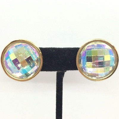 VINTAGE 80S AURORA BOREALIS ROUND BUTTON CHECKER GOLD TONE CLIPON EARRINGS NYE 