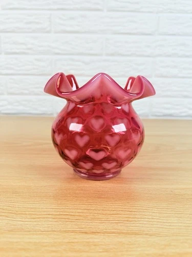 Fenton Cranberry Opalescent Heart Optic Ruffled Vase 4.25” Vintage 1970