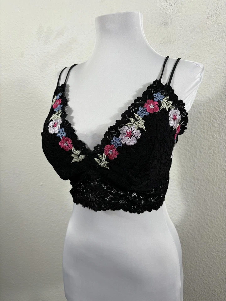 Victoria's Secret PINK Bralette Womens L-DD Black Lace Floral Embroidered - Image 2 of 4