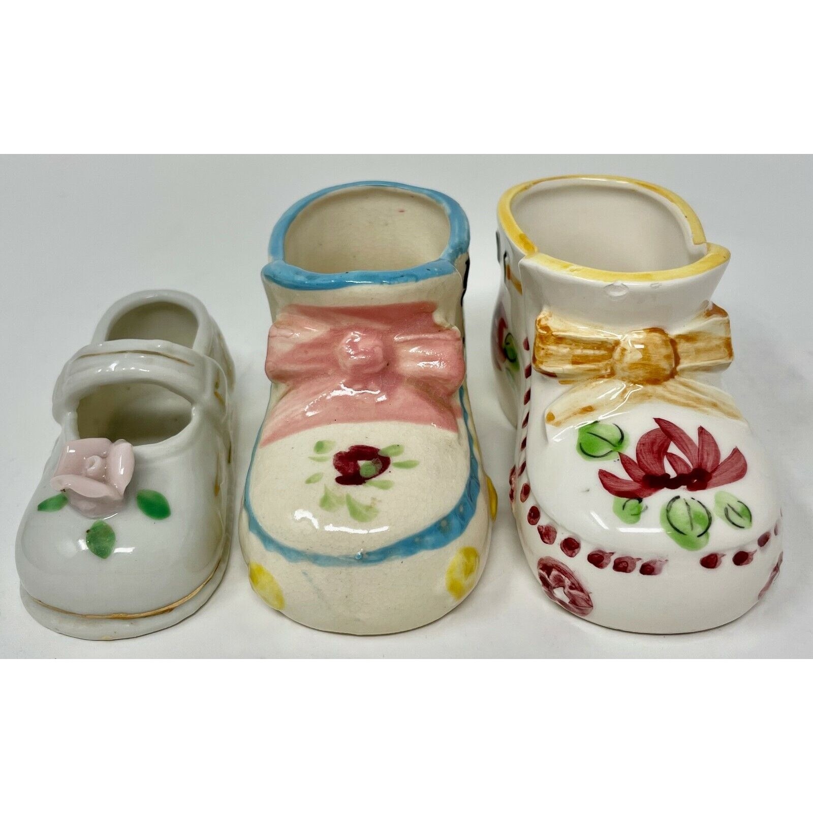 3 Vintage Ceramic Baby Shoes, Hand Painted Floral, New Orleans Baby Bootie