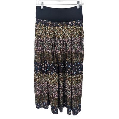 #ad BKUL JNS Floral Maxi Skirt Womens 6 Black Elastic Waist Pleated Boho Cottagecore $29.88