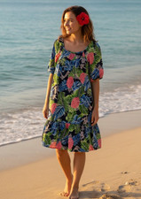 Vintage Hilo Hattie Hawaiian Puff Sleeve Dress XL Pockets Black Floral Resort