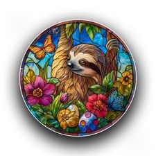 Spring Sloth Floral Jungle Stained Glass Style Opaque Vinyl Sticker Decal