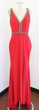 Mac Duggal Dress Size 10 Red Beaded Chain High Slit Open Back Mermaid Prom Gown