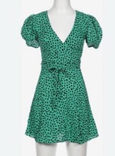 Urban Outfitters XS Green Black Spot Wrap Dress Dalmatian Puff Sleeve Trendy