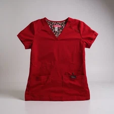 Betsey Johnson Scrub Top Women XS Red Medical Pockets Uniform Workwear