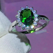2Ct Oval Cut Simulated Green Emerald Halo Engagement Ring 14K White Gold Plated