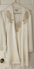 Linea Donatella Ivory Chiffon Embroidered bridal Robe Chemise Set S/M M tie