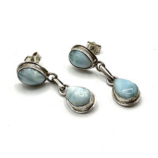 LARIMAR drop earrings - sterling silver bezel-set blue stone stud 1-1/8"