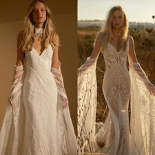 Backless Wedding Lace Dresses V Neck Long Flutter Sleeves Mermaid Applique Train