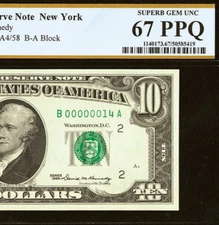 1969 $10 Federal Reserve Note PCGS 67PPQ - Very Low Serial Number 14 - 00000014