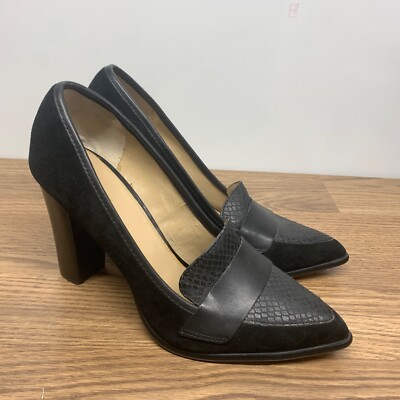 Saks Fifth Avenue Black Leather Point Toe Block Heel Slip On Pumps Sz 10 Aileen