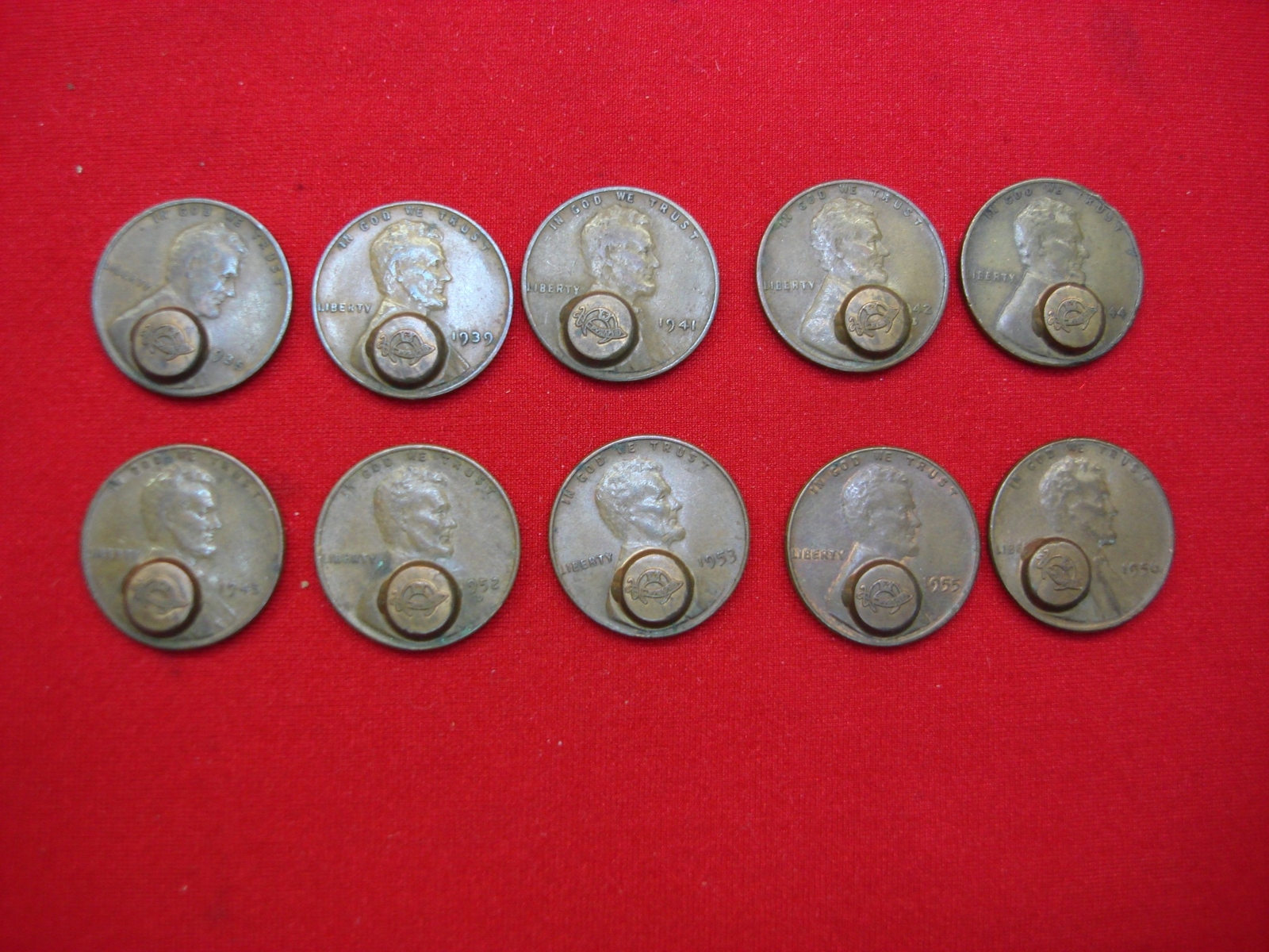 LINCOLN WHEAT CENT 10 PC. LOT WITH SHRINERS / MASONIC STAMPING - NEAT
