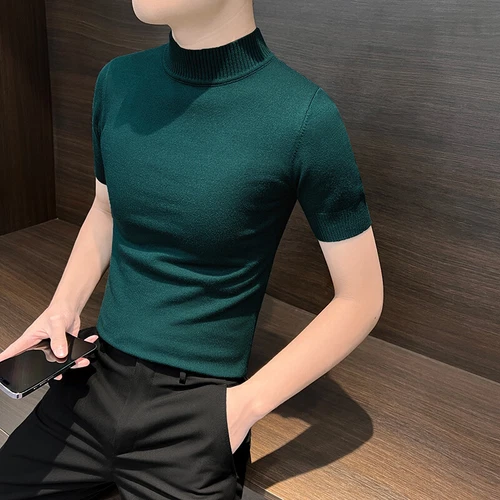 Half Turtle Neck Men Base Shirt Spring New Short-sleeved Sweater Knitted T-shirt - Picture 26 of 32