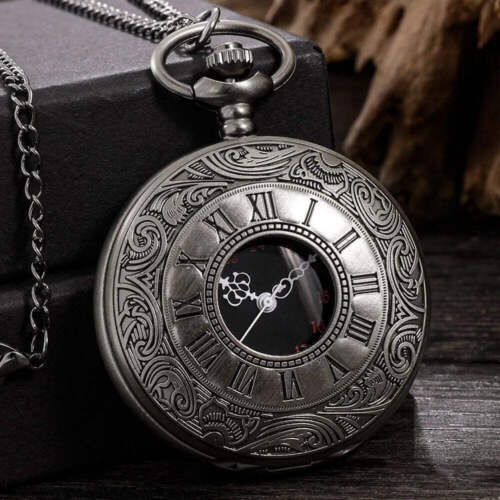 Roman Numerals Quartz Pocket Watch Men Women Hollow Case Steampunk Vintage Penda