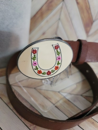 Girls Boho Flowers Horseshoe Buckle 2.5x1.25 Brwn Genuine Leather Belt Sz 5-7 - Picture 2 of 9