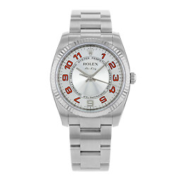 Rolex Air-King 114234 34mm 18K Fluted Silver Orange Arabic Dial