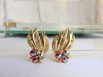 Vintage AB Red Rhinestone Spray Earrings Clips Gold Plate A+ | eBay