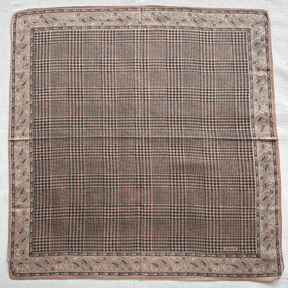 Pañuelo de Colección Pata de Gallo Borde Paisley Marrón Negro Algodón Bolsillo Cuadrado 17" Foto 2 de 3