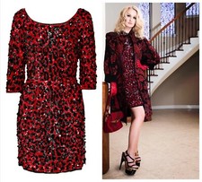 New Dolce & Gabbana Red Sequined Silk Leopard Print Dress Size 40