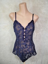 VTG Victoria  s Secret Size S Gold Label Semi Sheer Teddy Romper Playsuit Navy I