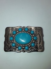 Vintage Nickel Silver Bell Turquoise Belt Buckle