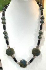 Blue Green Mottled Ceramic Bead Black Silver Tone Necklace