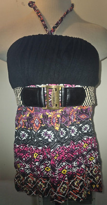Women's Bongo Black Multi Geo Aztec Cinch Waist Sleeveless Top Size Small