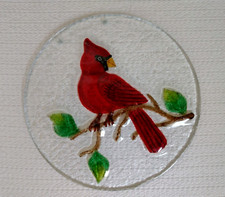Cardinal Bird Branch Leaves Fused Art Glass Round Red Hanging Suncatcher Window