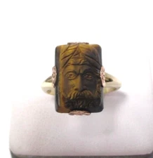 ANTIQUE 10K GOLD FRONT FACING ZOLTAR TURK TIGERS EYE DETAILED CAMEO RING 5.25