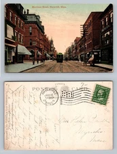 Haverhill, MA-Massachusetts Merrimac Street Trolley Scene Vintage c1911 Postcard