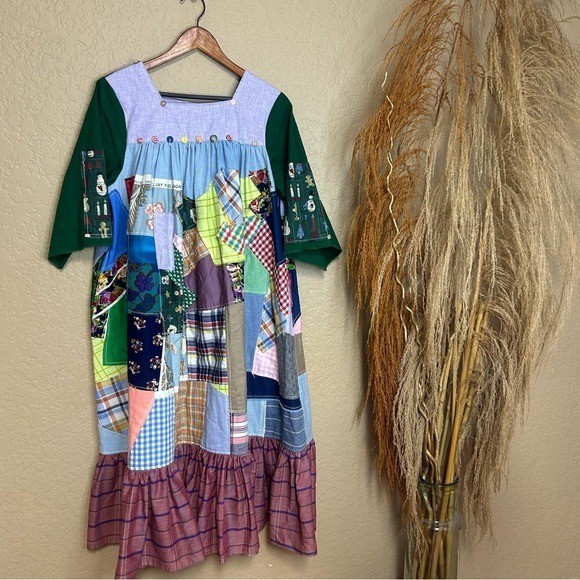 Handmade patchwork square neck dress with multi p… - image 1