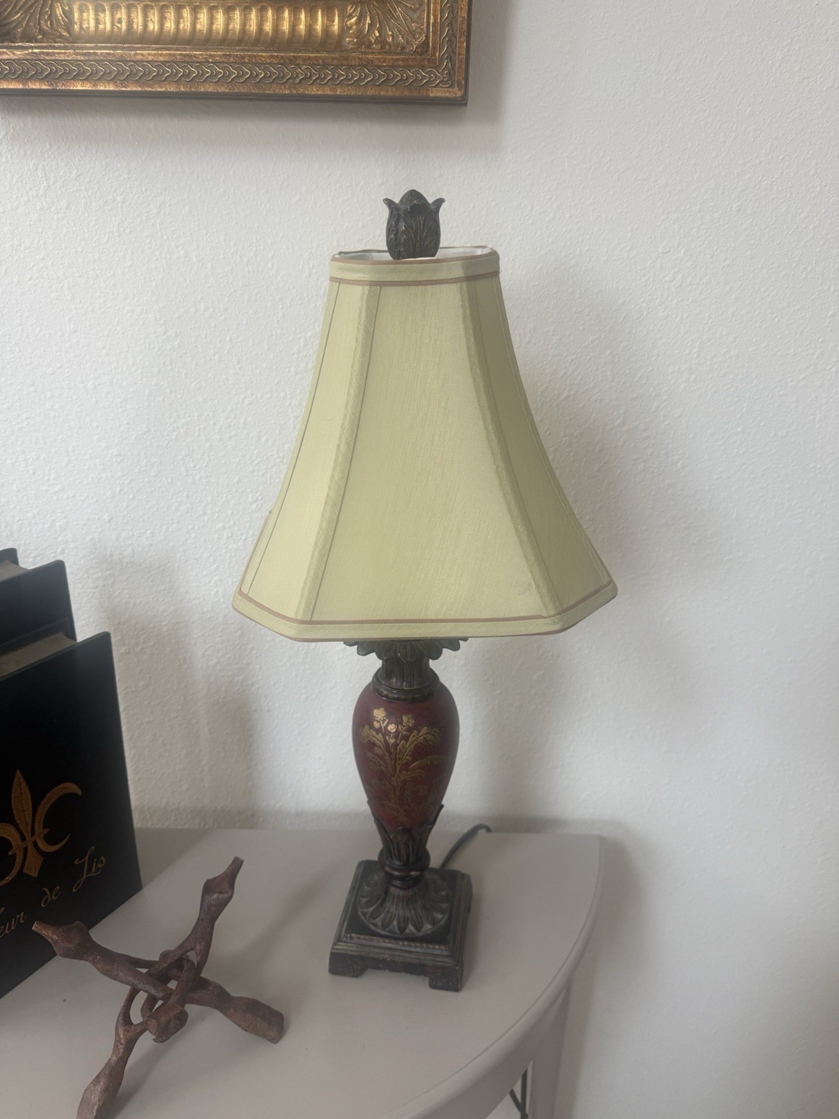 Traditional Table Lamp Floral Pattern Bell Shade Beige Burgundy Gold