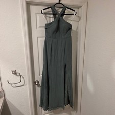 Azazie Dress Womens 0 Green Halter Chiffon Maxi Bridesmaid Gown Formal Slit