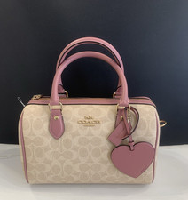 Coach Rowan Satchel Bag In Signature Canvas With Heart Charm Gold/Sand/Peony
