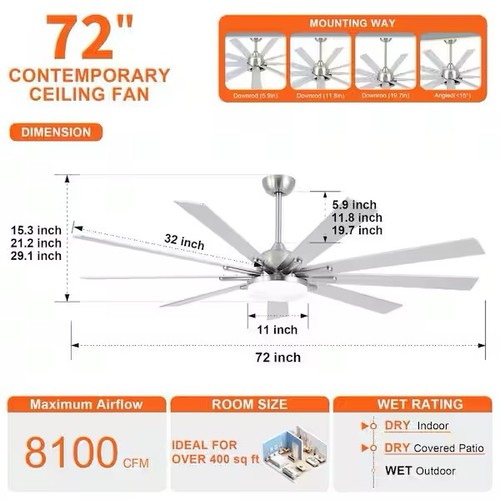 Smart 72" Integrated LED Ceiling Fan with Silver Blades in Brushed Nickel Finish - Picture 7 of 13