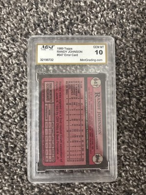 1989 Topps Randy Johnson #647 (RC) ERROR CARD (Jim Leyland) Mint Gem Mint 10
