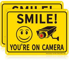 2-Pack Smile You  Re on Camera Sign, Video Surveillance Signs Outdoor, UV Printed