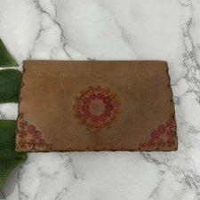 Vintage Hand Tooled Leather Wallet Brown Red Floral Western Bi Fold Envelope