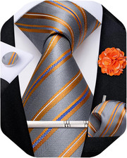 Mens Tie and Lapel Pin Set Silk Plaid Solid Paisley Necktie Pocket Square Cuff